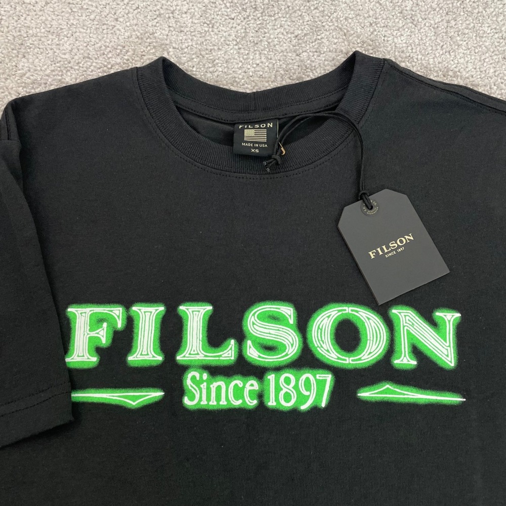 NWT Filson Mens T-Shirt XS SS Pioneer Black Neon Green Graphic NEW Spellout
